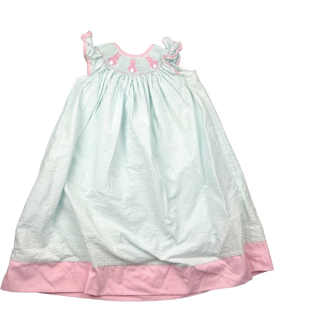 Classic Whimsy Bishop Bunny Dress in Pink, White & Blue Seersucker, Girls 6